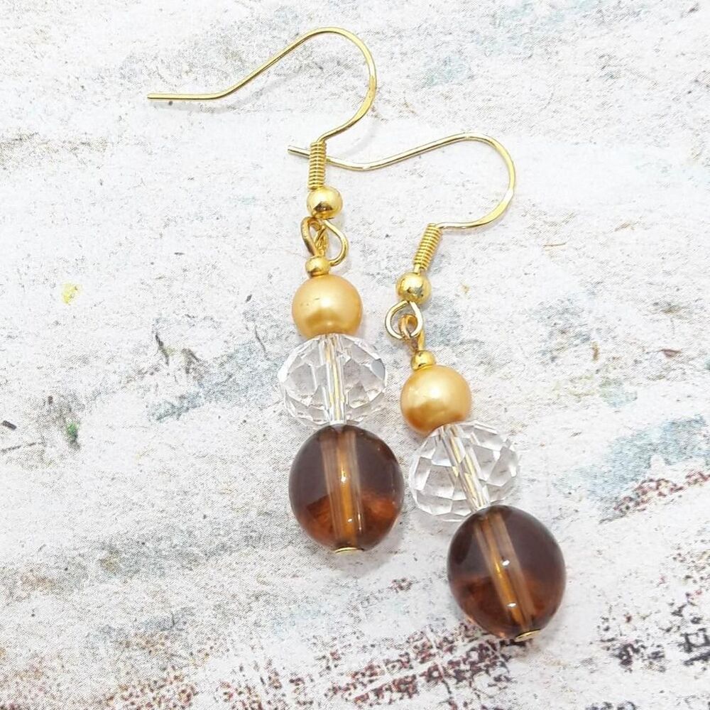 Opera Glam Brown Smoky Quartz Drop French Hook earrings Gold earrings Alte  401■